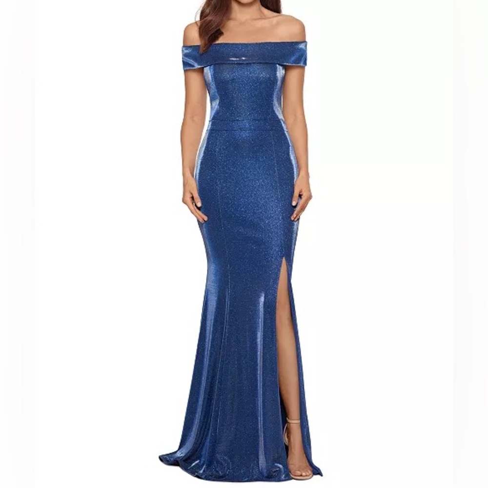 Elegant Xscape Blue Off-Shoulder Evening Gown